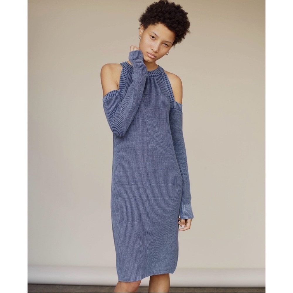 Rag & Bone Jean S Dana Indigo Blue Cold Shoulder Long Sleeve Knit Dress
